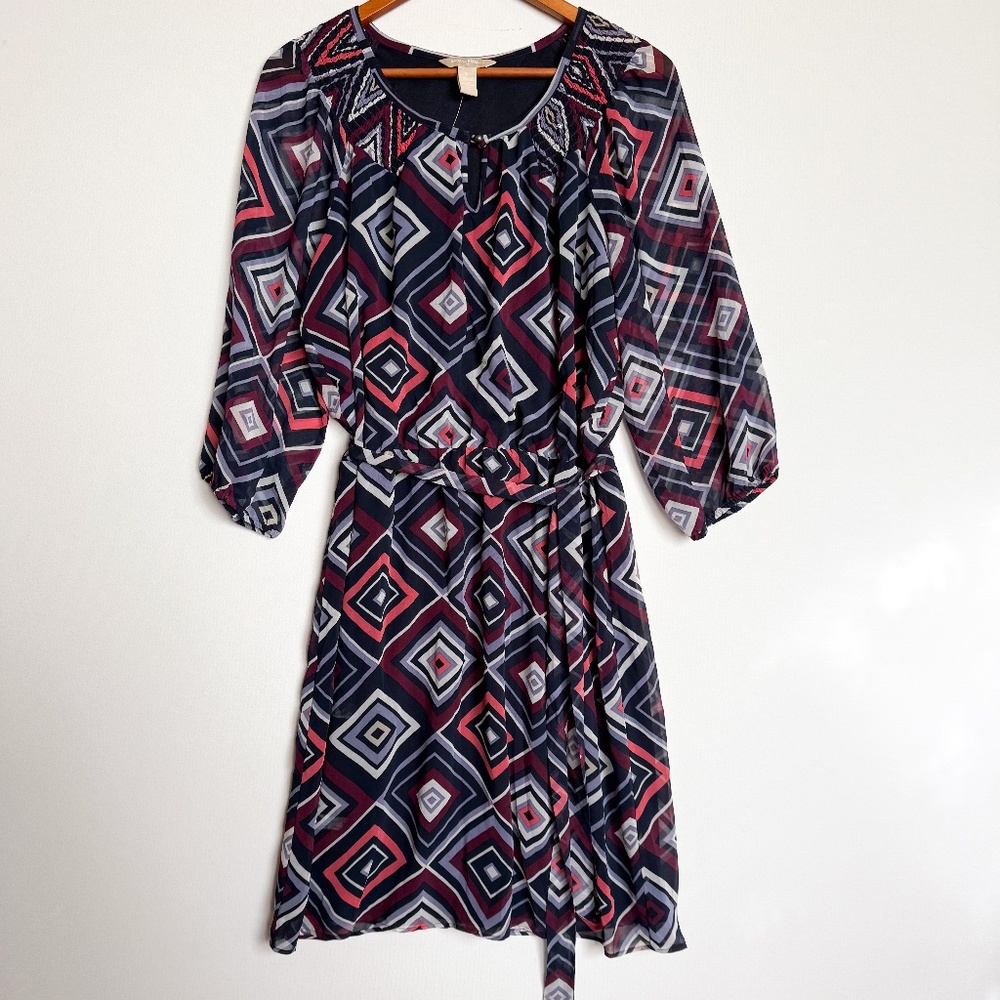 Banana Republic NWT Artsy Sheer Lined Geometric Print Flowy belted Dress sz 12